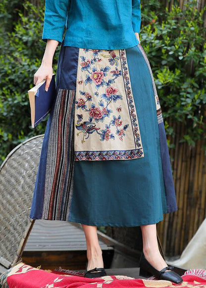 Blue Wrinkled Embroideried Pockets Patchwork Linen Skirt Summer