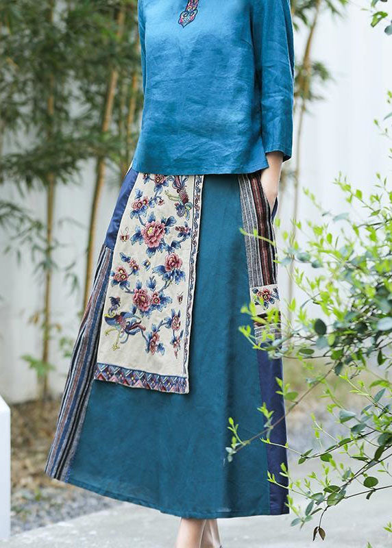 Blue Wrinkled Embroideried Pockets Patchwork Linen Skirt Summer
