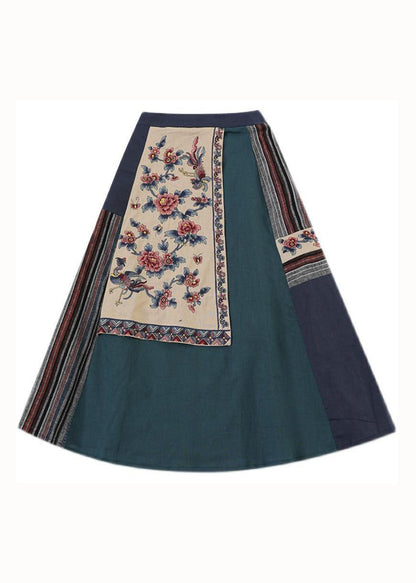 Blue Wrinkled Embroideried Pockets Patchwork Linen Skirt Summer