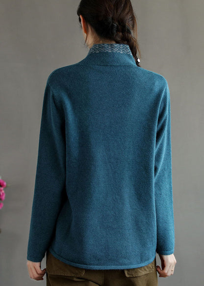 Blue Button V Neck Embroideried Woolen Coats Long Sleeve