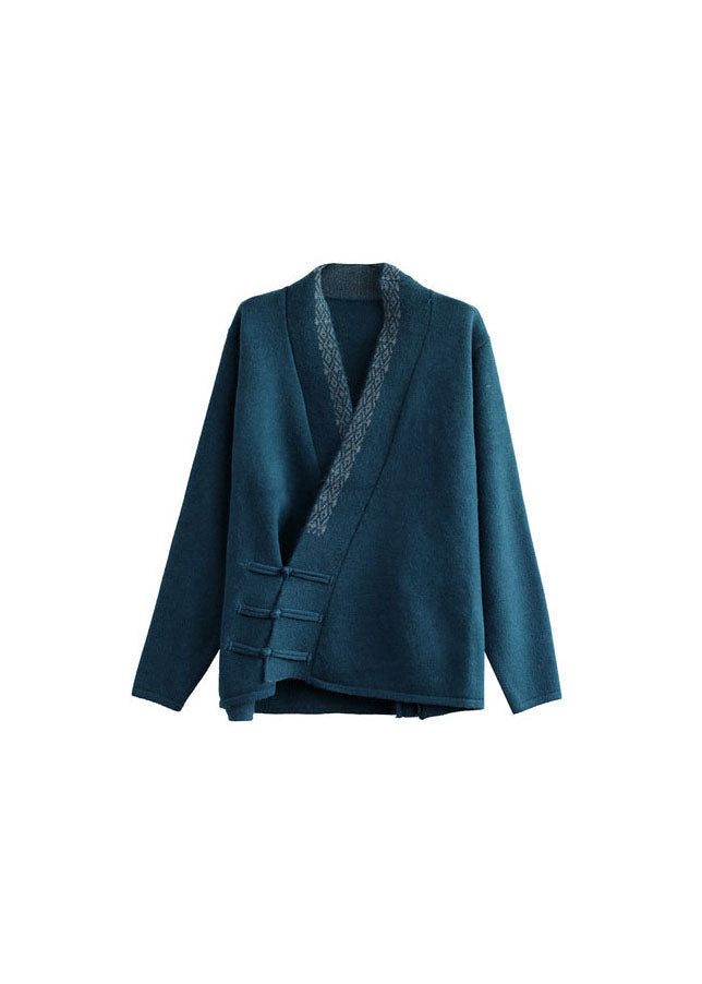 Blue Button V Neck Embroideried Woolen Coats Long Sleeve