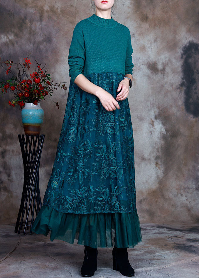 Blue Slim Fit Lace Patchwork Knit Fall Wool Dress