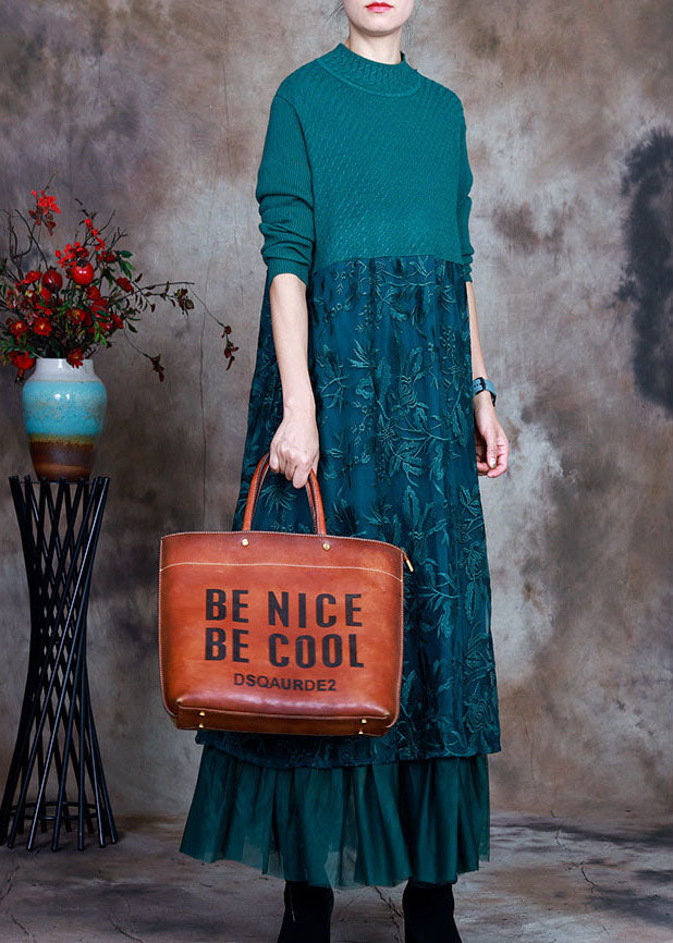 Blue Slim Fit Lace Patchwork Knit Fall Wool Dress