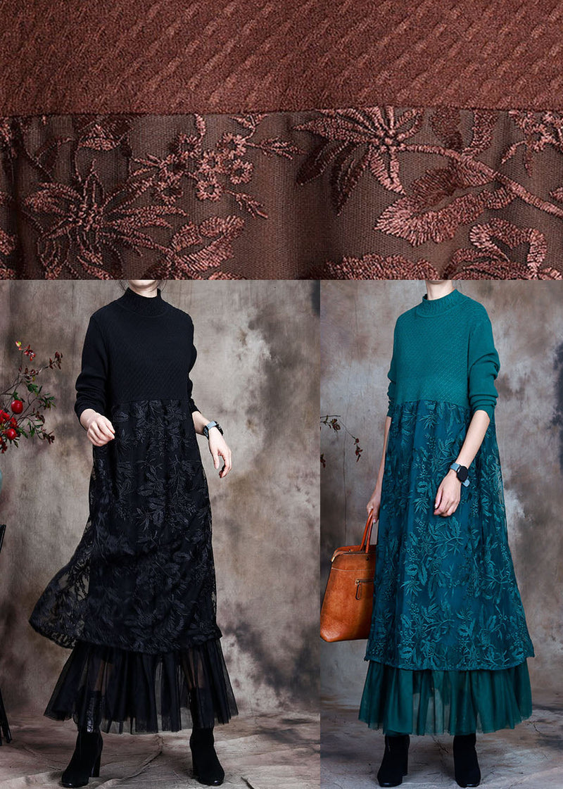 Blue Slim Fit Lace Patchwork Knit Fall Wool Dress
