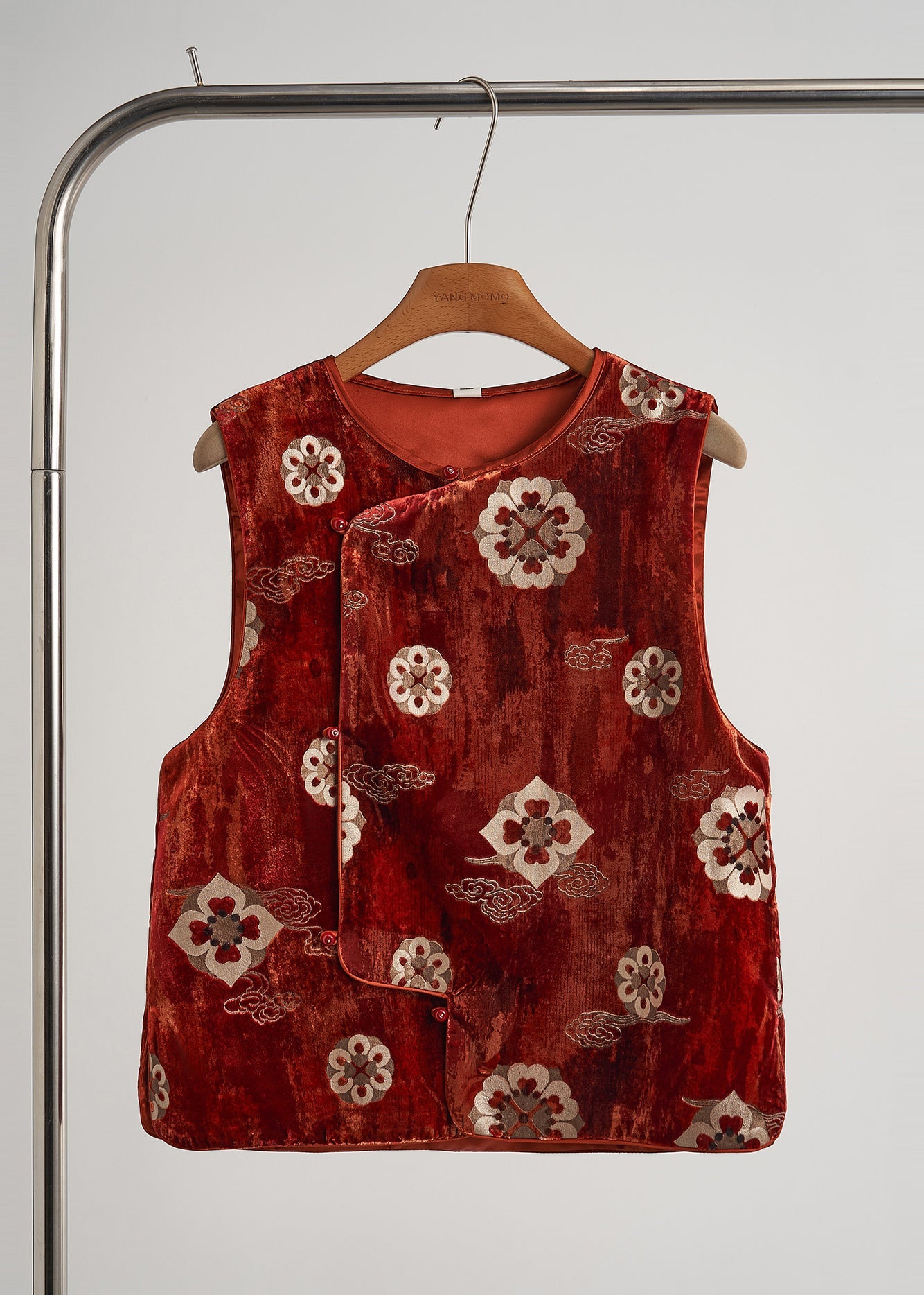 Brick Red Jacquard Silk Velvet Vests Sleeveless