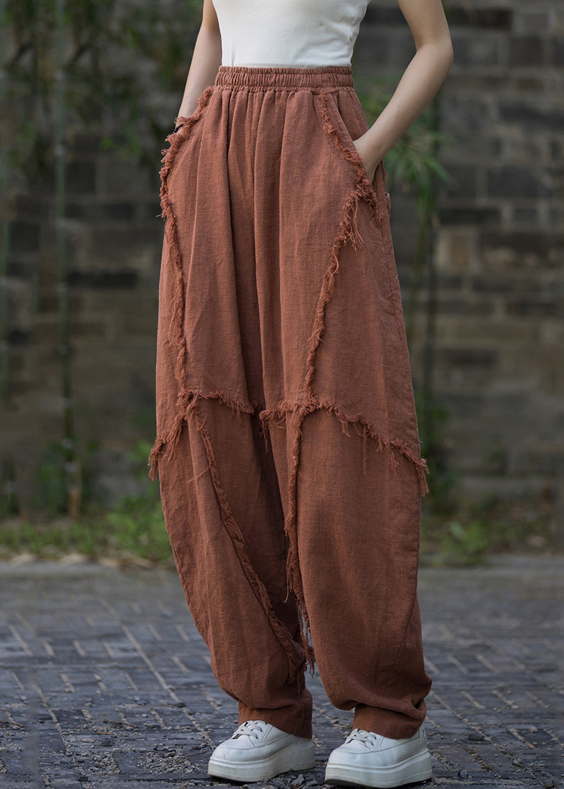Brick Red Pockets High Waist Linen Pants Summer