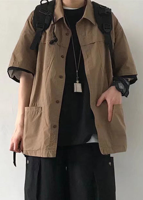 Brown Button Pockets Cotton Shirt Summer