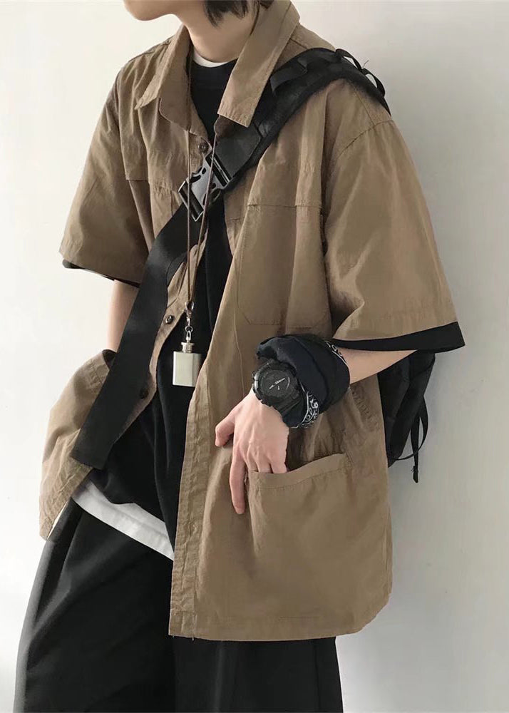 Brown Button Pockets Cotton Shirt Summer