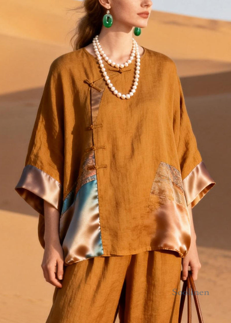 Brown Button Shirts and Crop Pants Silk Patchwork Two Pieces Set Half Sleeve