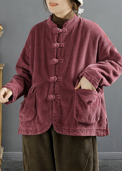 Brown Chinese Button Pockets Corduroy Coats Spring