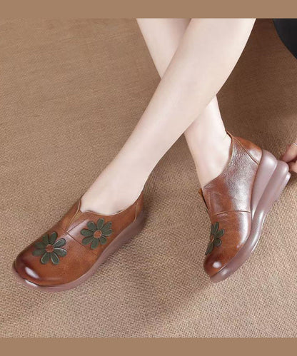 Brown Cowhide Leather Wedge Heels Shoes Splicing