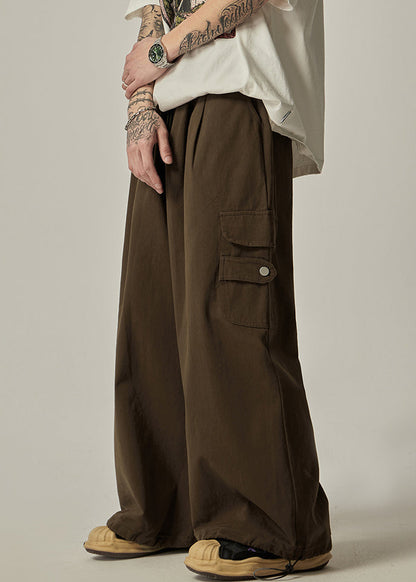 Brown Drawstring Pockets Cotton Wide Leg Pants Spring