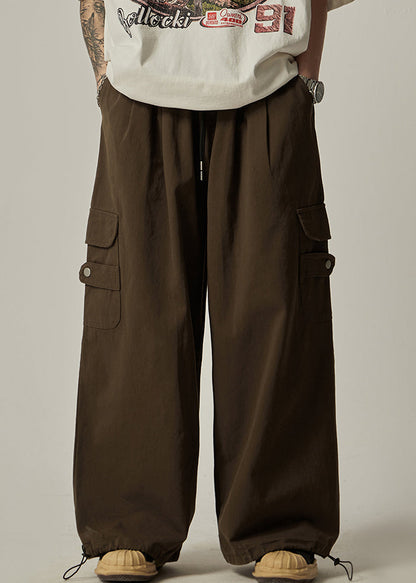 Brown Drawstring Pockets Cotton Wide Leg Pants Spring