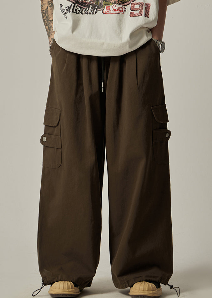Brown Drawstring Pockets Cotton Wide Leg Pants Spring