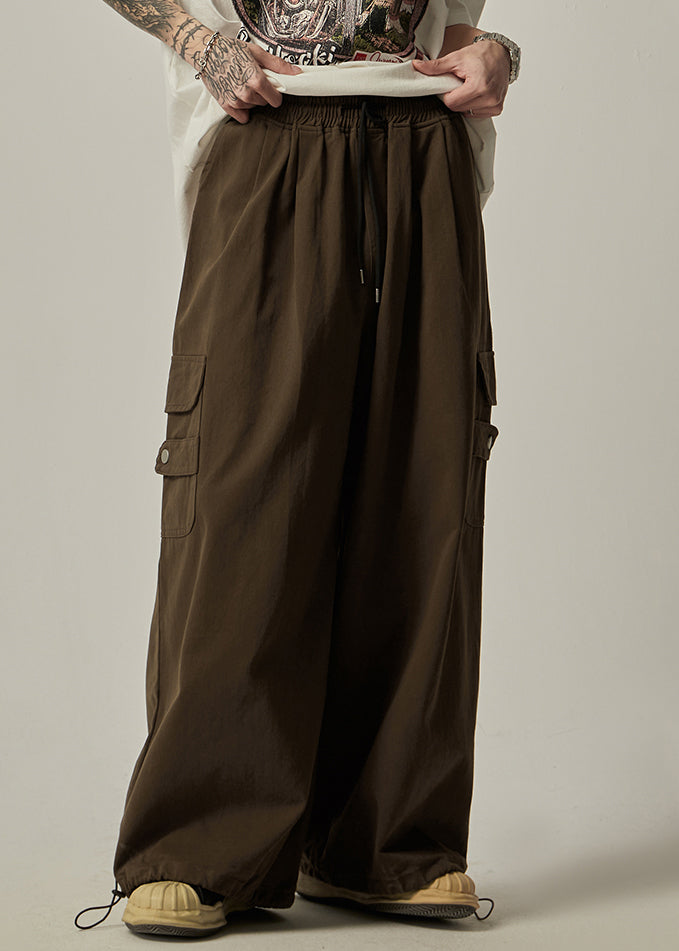 Brown Drawstring Pockets Cotton Wide Leg Pants Spring