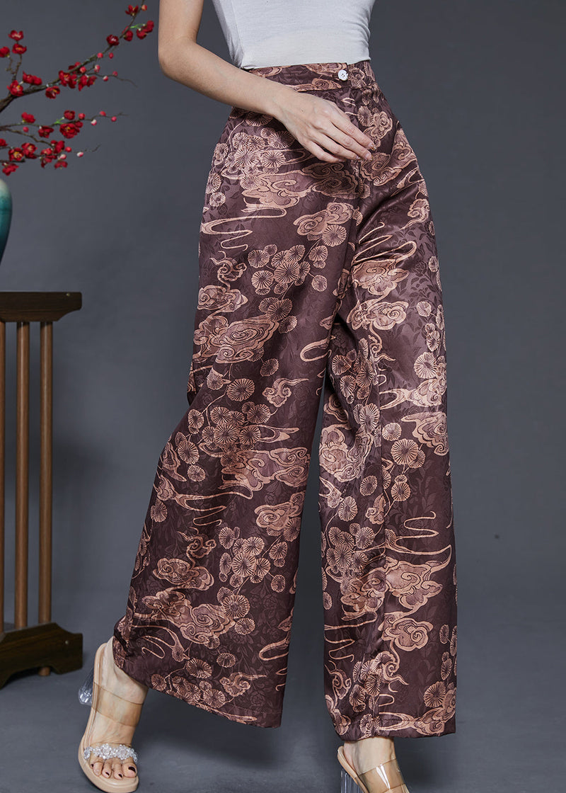 Brown Elastic Waist Print Silk Wide Leg Pants Spring