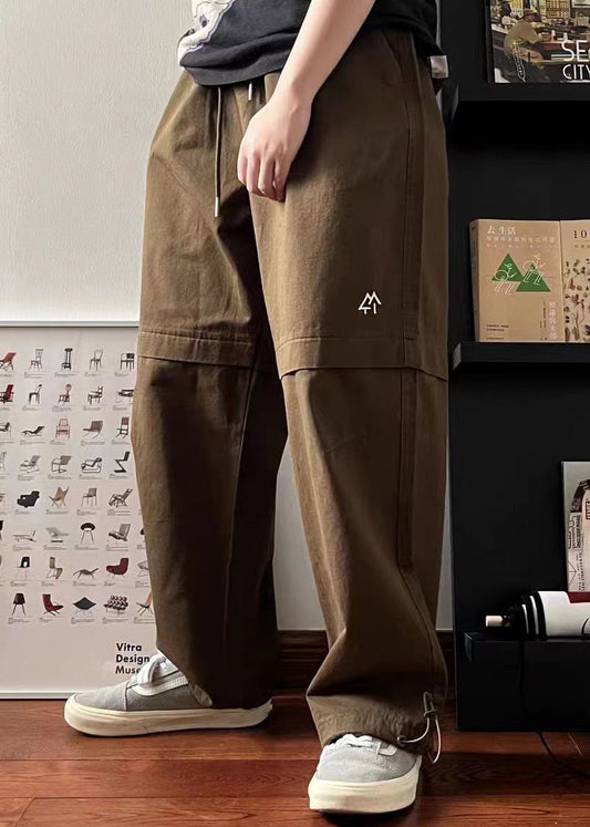 Brown Embroideried Elastic Waist Cotton Pants Summer