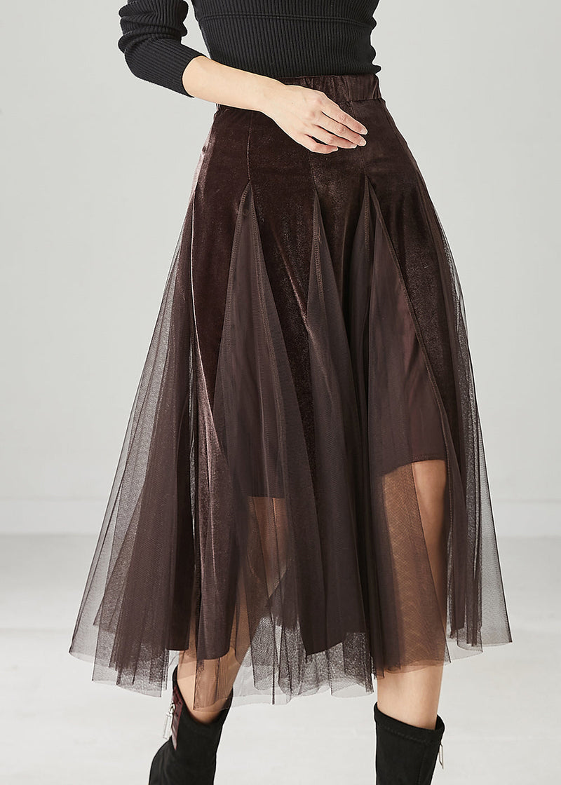 Brown Exra Large Hem Patchwork Tulle Silk Velvet Skirts Spring