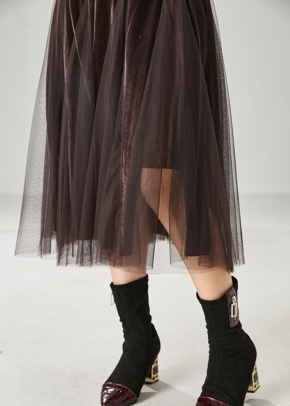 Brown Exra Large Hem Patchwork Tulle Silk Velvet Skirts Spring
