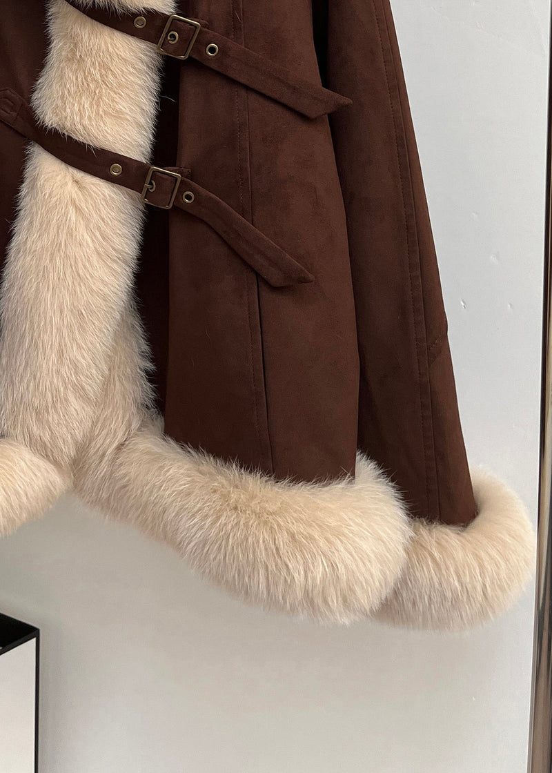 Brown Fox Collar Pockets Patchwork Duck Down Coats Winter