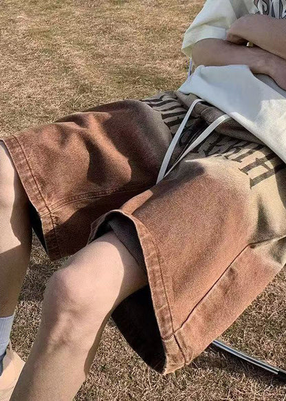 Brown Gradient Color Print Pockets Denim Shorts Summer
