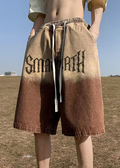 Brown Gradient Color Print Pockets Denim Shorts Summer