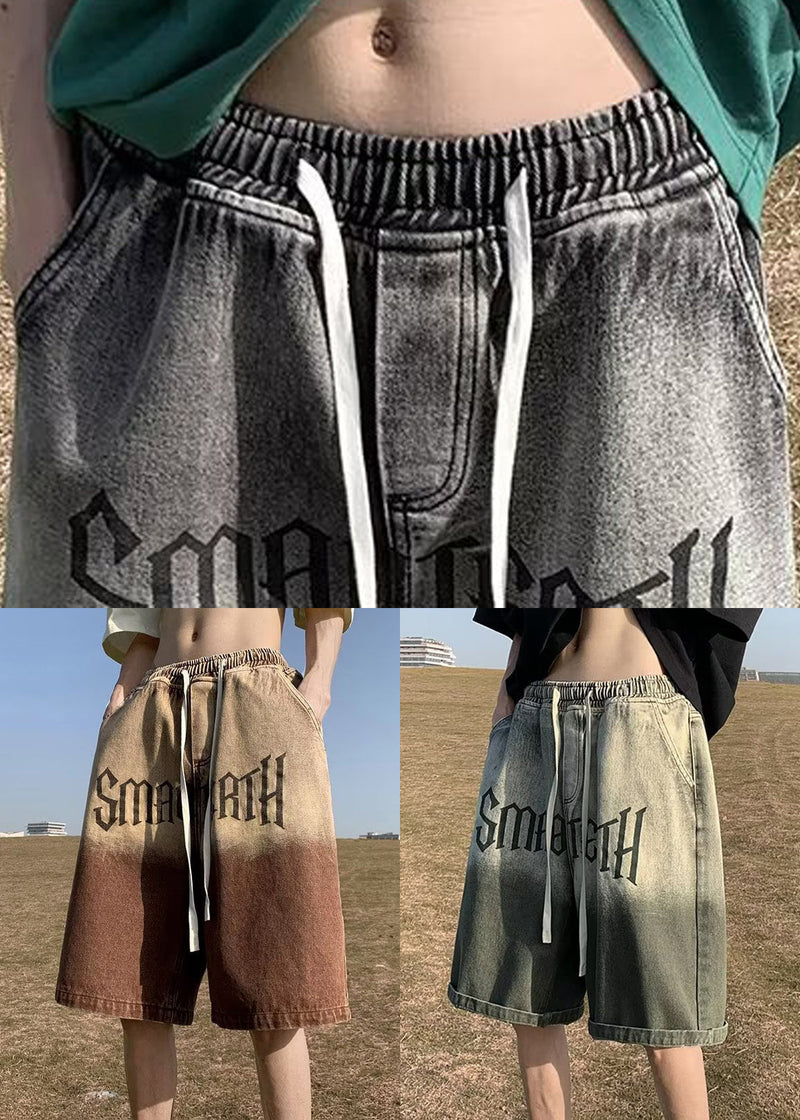 Brown Gradient Color Print Pockets Denim Shorts Summer