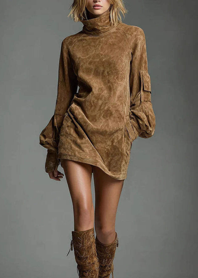 Brown High Neck Faux Suede Mid Dress Lantern Sleeve