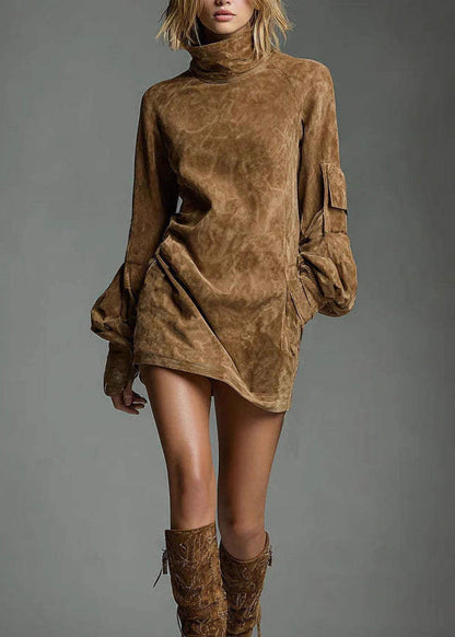 Brown High Neck Faux Suede Mid Dress Lantern Sleeve