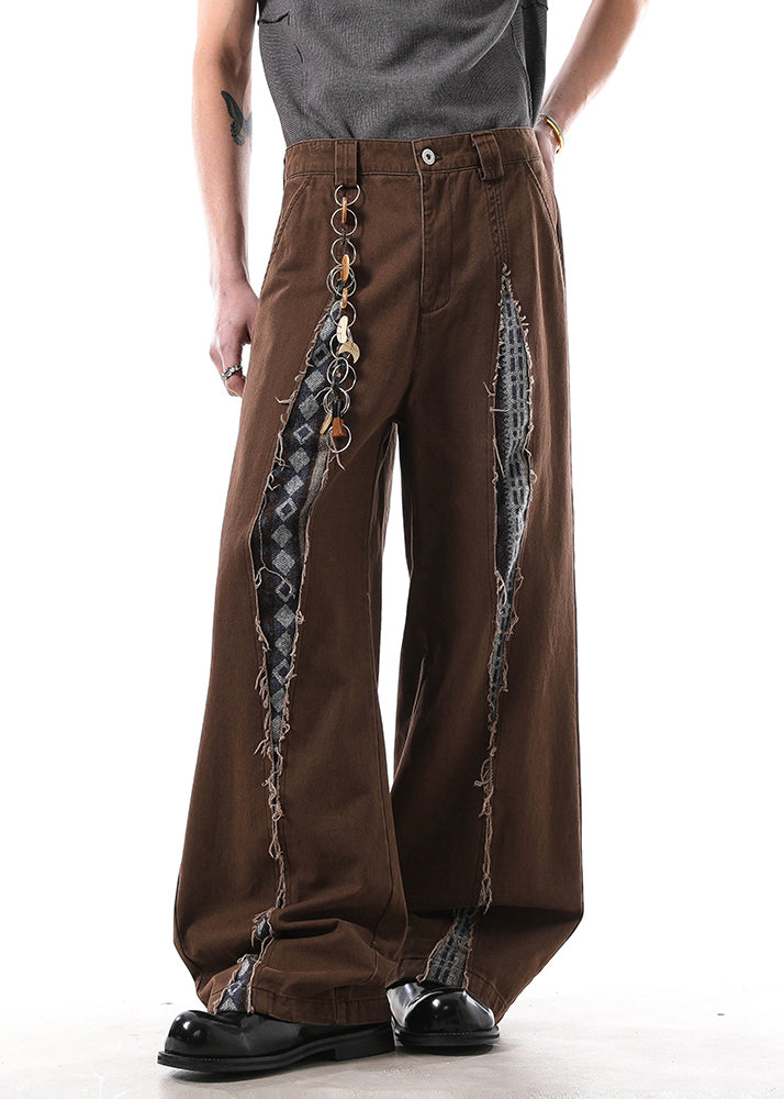 Brown Hole High Waist Patchwork Denim Pants Fall