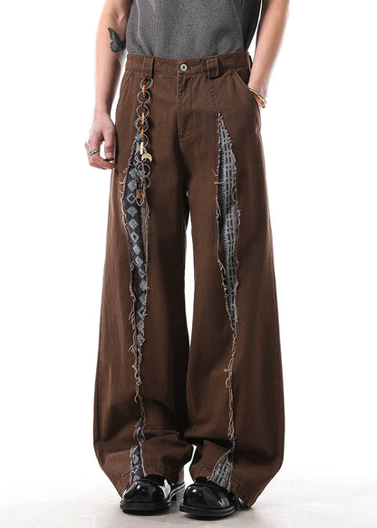 Brown Hole High Waist Patchwork Denim Pants Fall