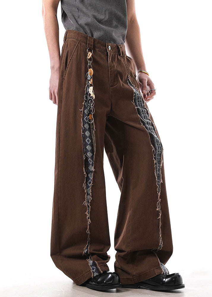 Brown Hole High Waist Patchwork Denim Pants Fall