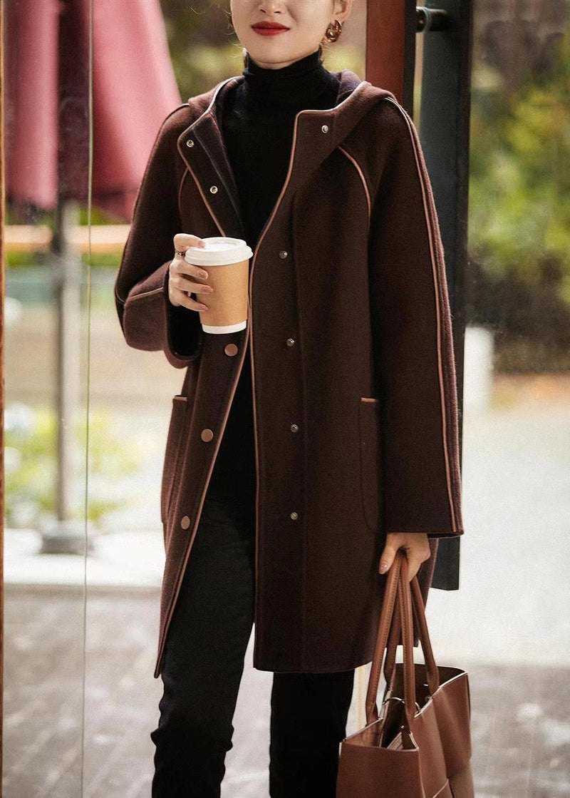 Brown Hooded Button Pockets Woolen Coat Fall