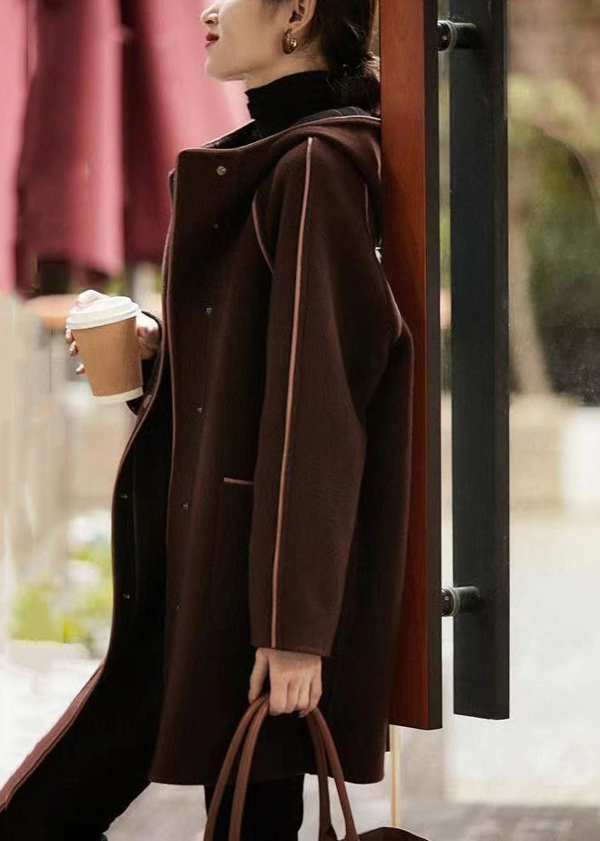 Brown Hooded Button Pockets Woolen Coat Fall