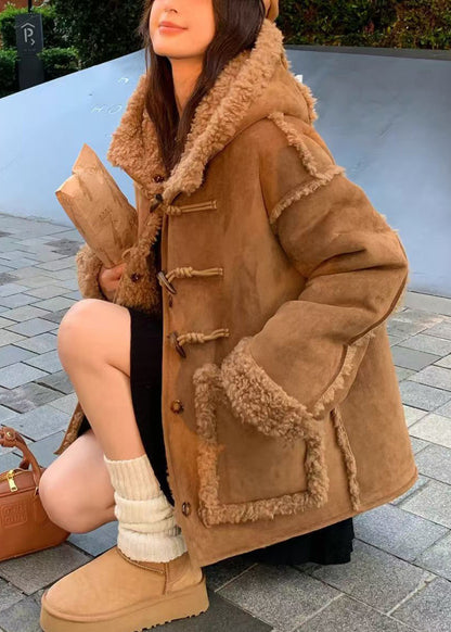Brown Hooded Pockets Fleece Wool Lined Coat Spring