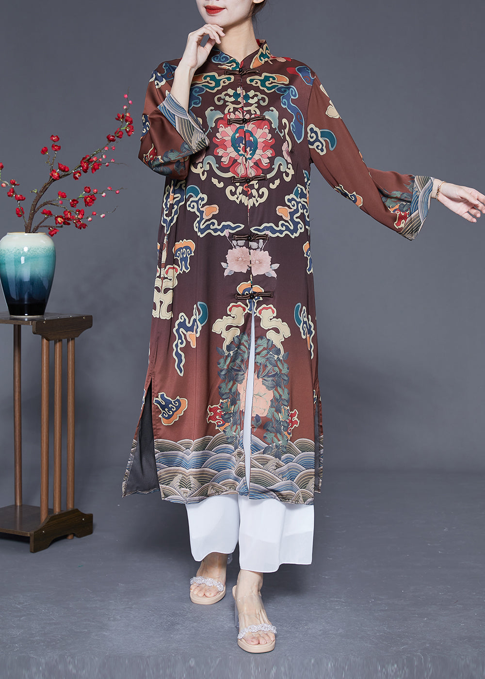 Brown Mandarin Collar Chinese Button Side Open Silk Trench Spring
