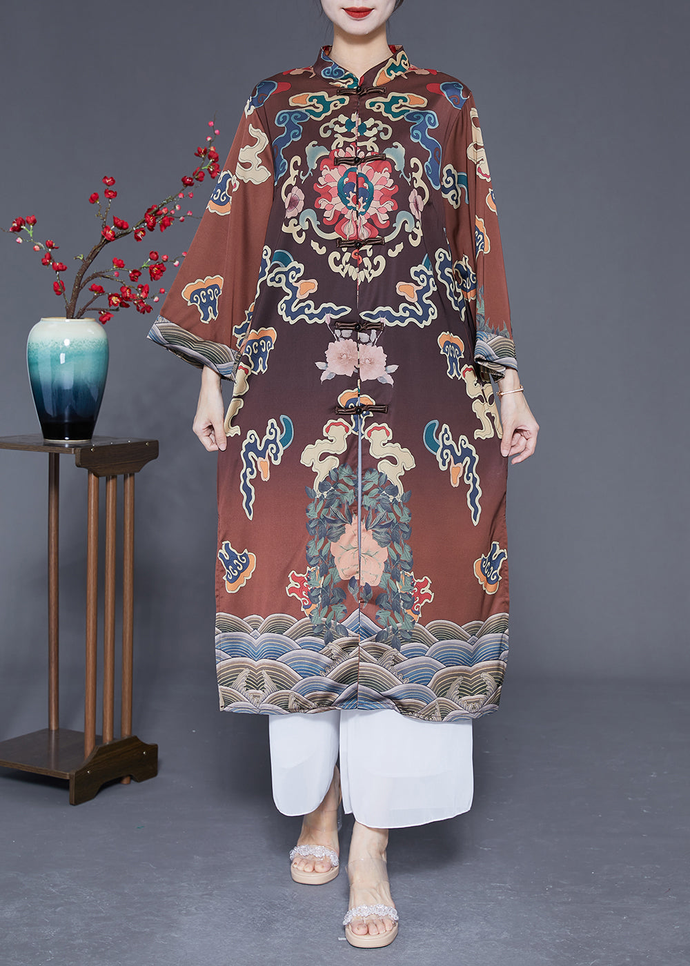 Brown Mandarin Collar Chinese Button Side Open Silk Trench Spring