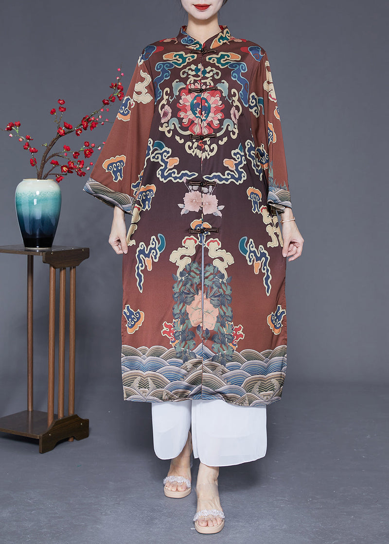 Brown Mandarin Collar Chinese Button Side Open Silk Trench Spring