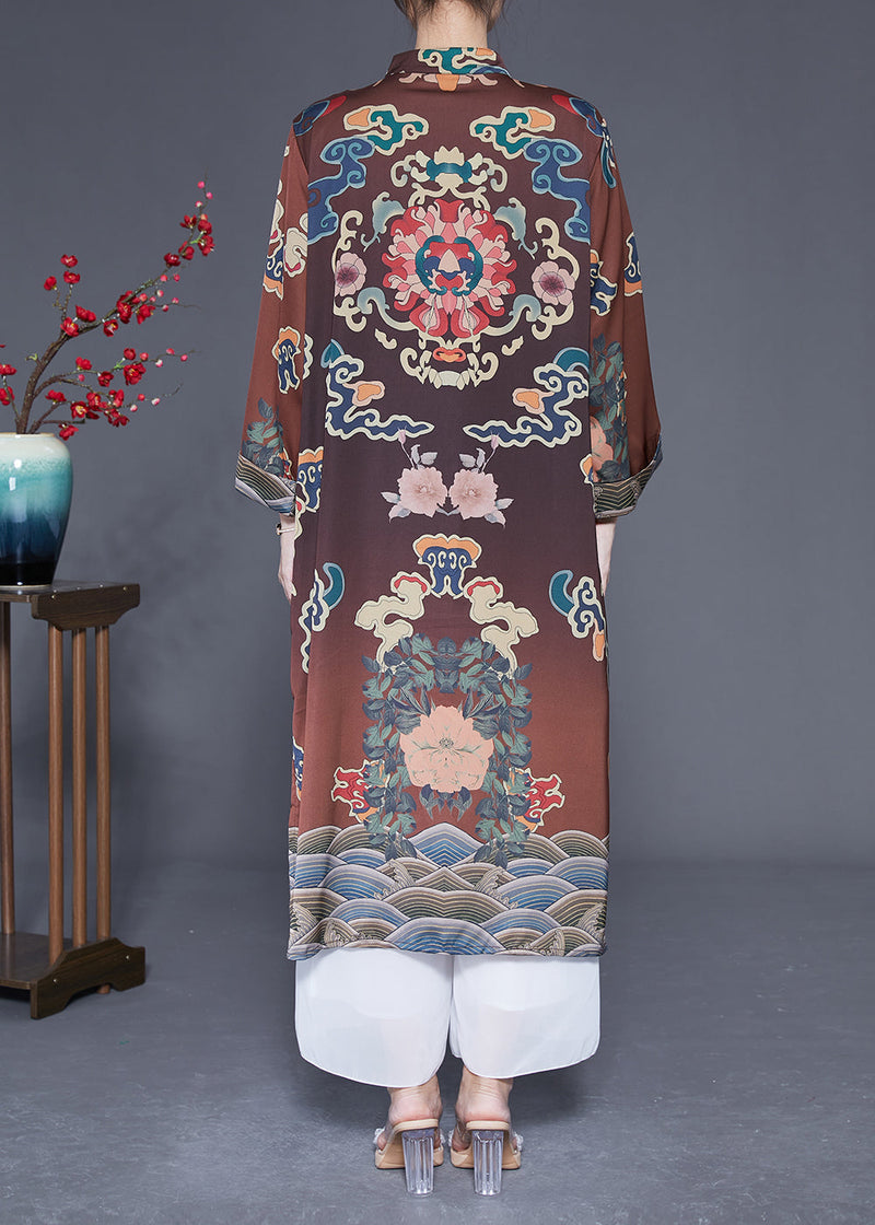 Brown Mandarin Collar Chinese Button Side Open Silk Trench Spring