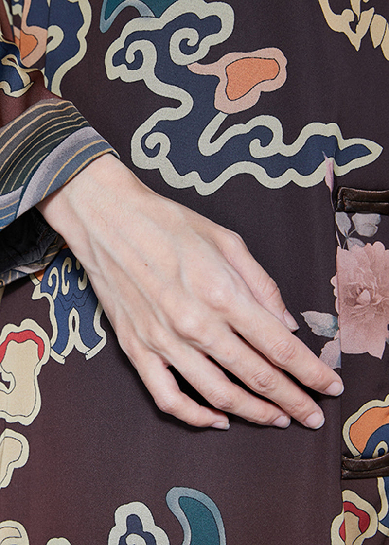 Brown Mandarin Collar Chinese Button Side Open Silk Trench Spring