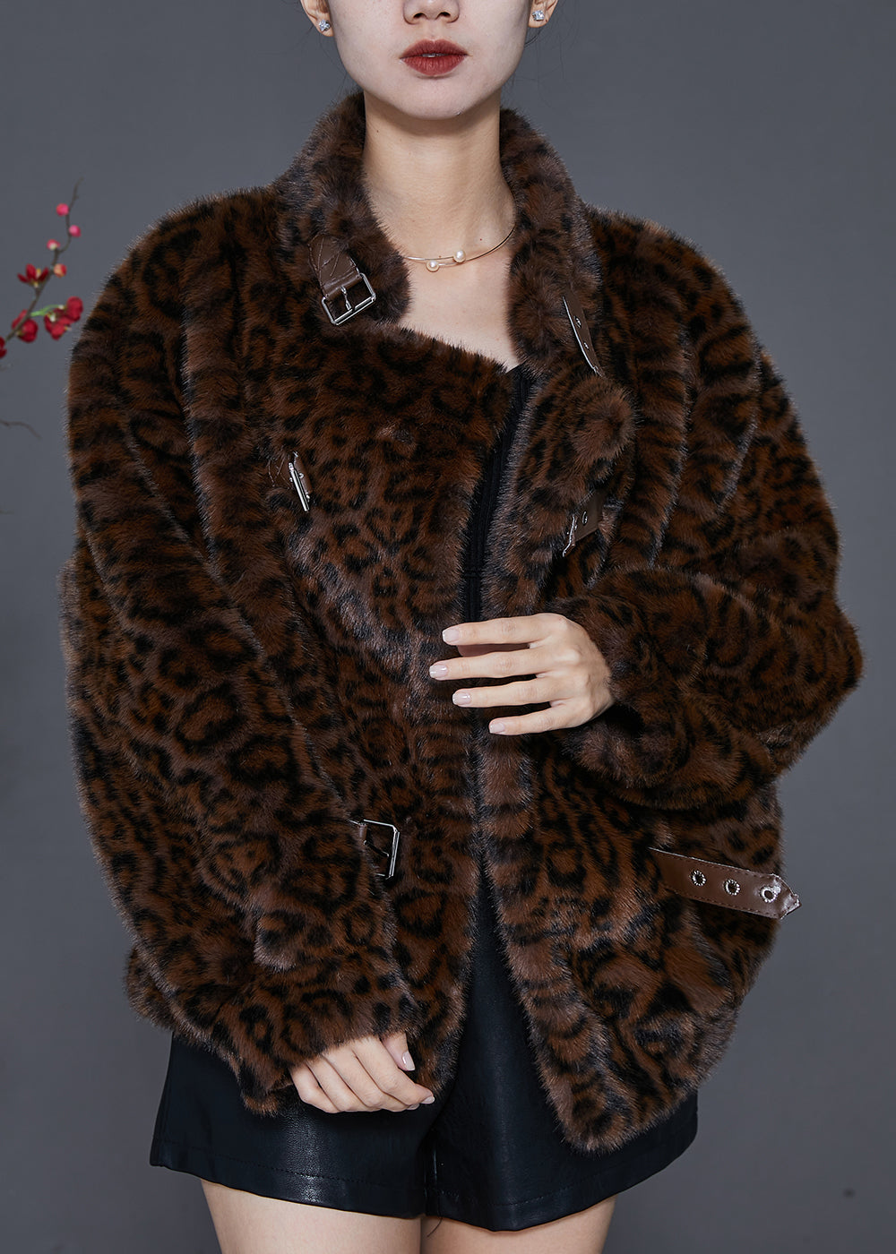Brown Oversized Leopard Print Mink Velvet Jackets Spring