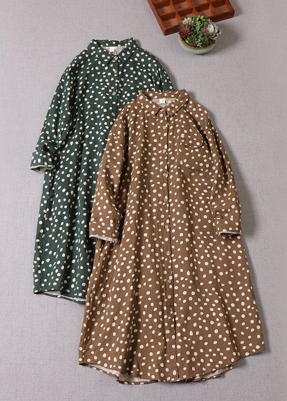Brown Patchwork Pockets Button Fall Print Dress Long Sleeve