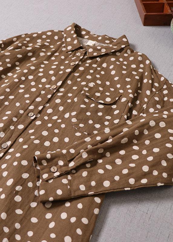 Brown Patchwork Pockets Button Fall Print Dress Long Sleeve