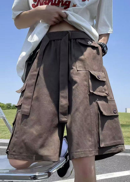 Brown Pockets Elastic Waist Cotton Shorts Summer