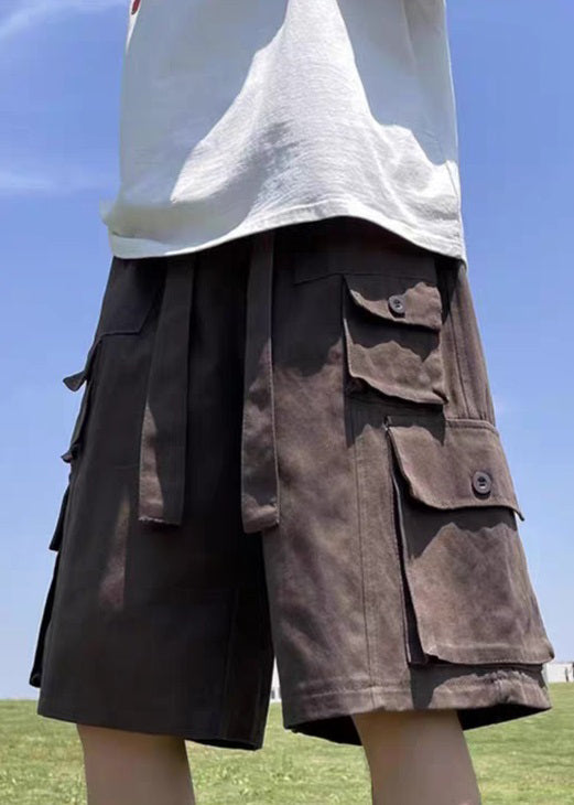 Brown Pockets Elastic Waist Cotton Shorts Summer