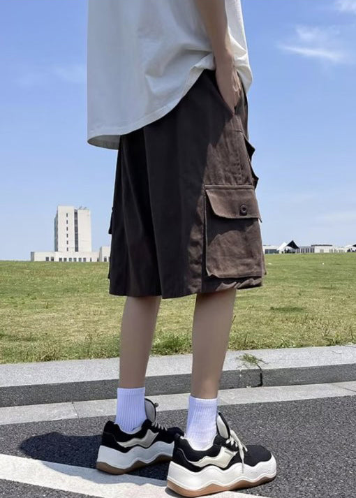 Brown Pockets Elastic Waist Cotton Shorts Summer