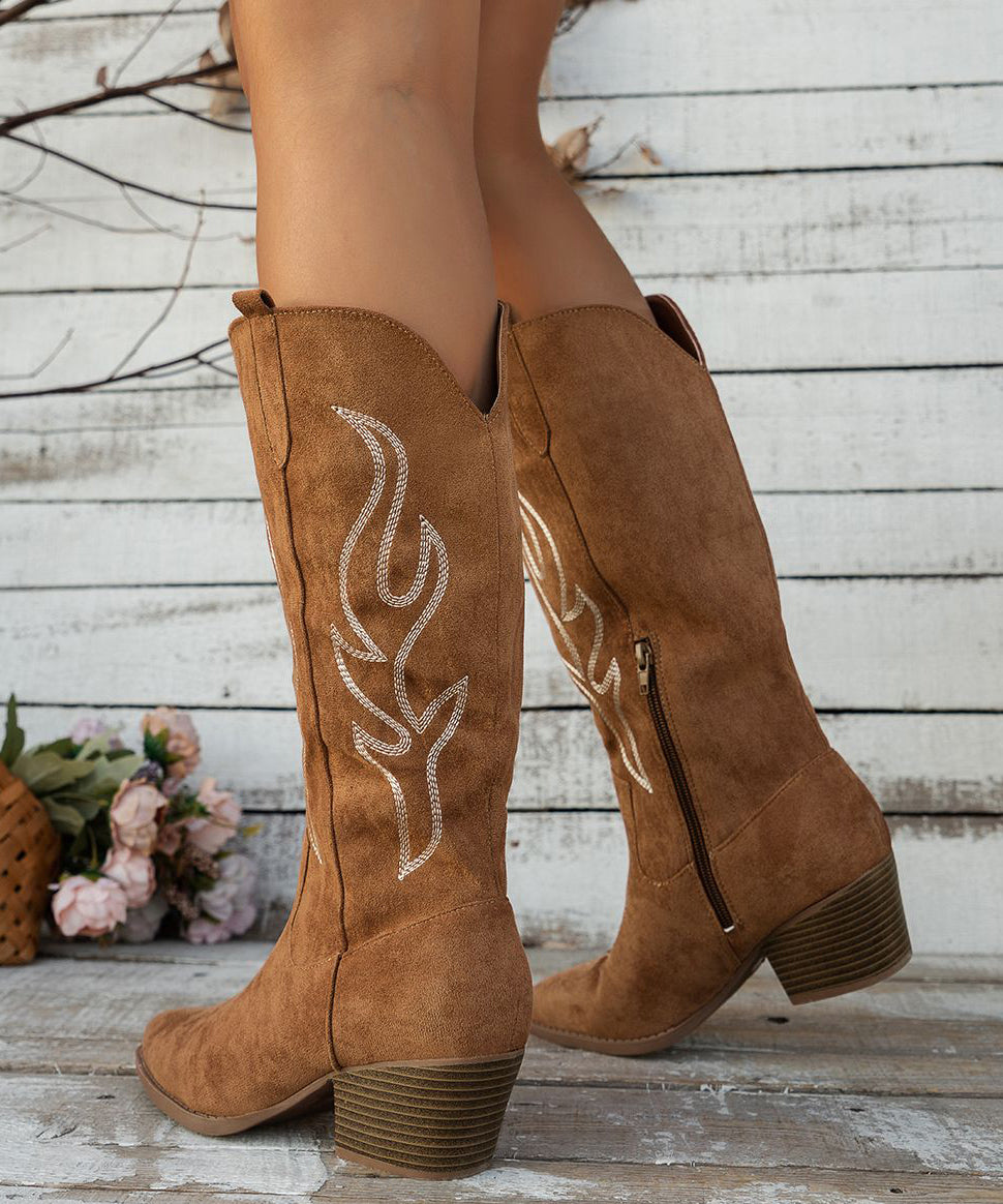 Brown Pointed Toe Zippered Splicing Suede Middle Boots
