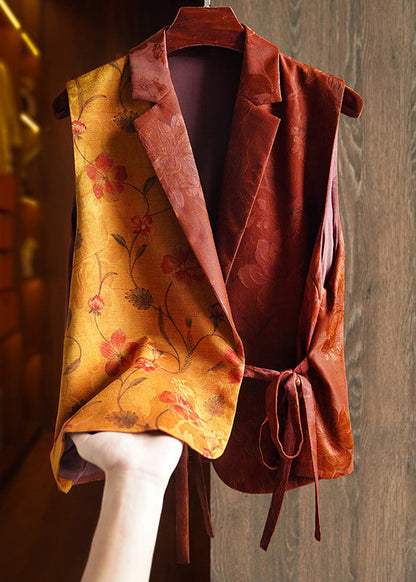 Brown Print Lace Up Patchwork Silk Vest Sleeveless