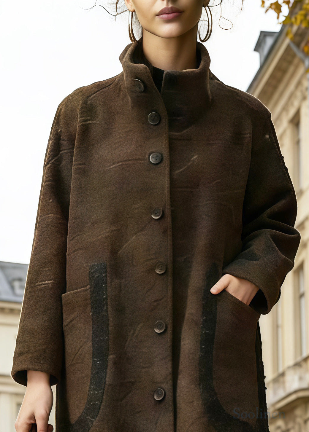Brown Stand Collar Pockets Woolen Trench Winter
