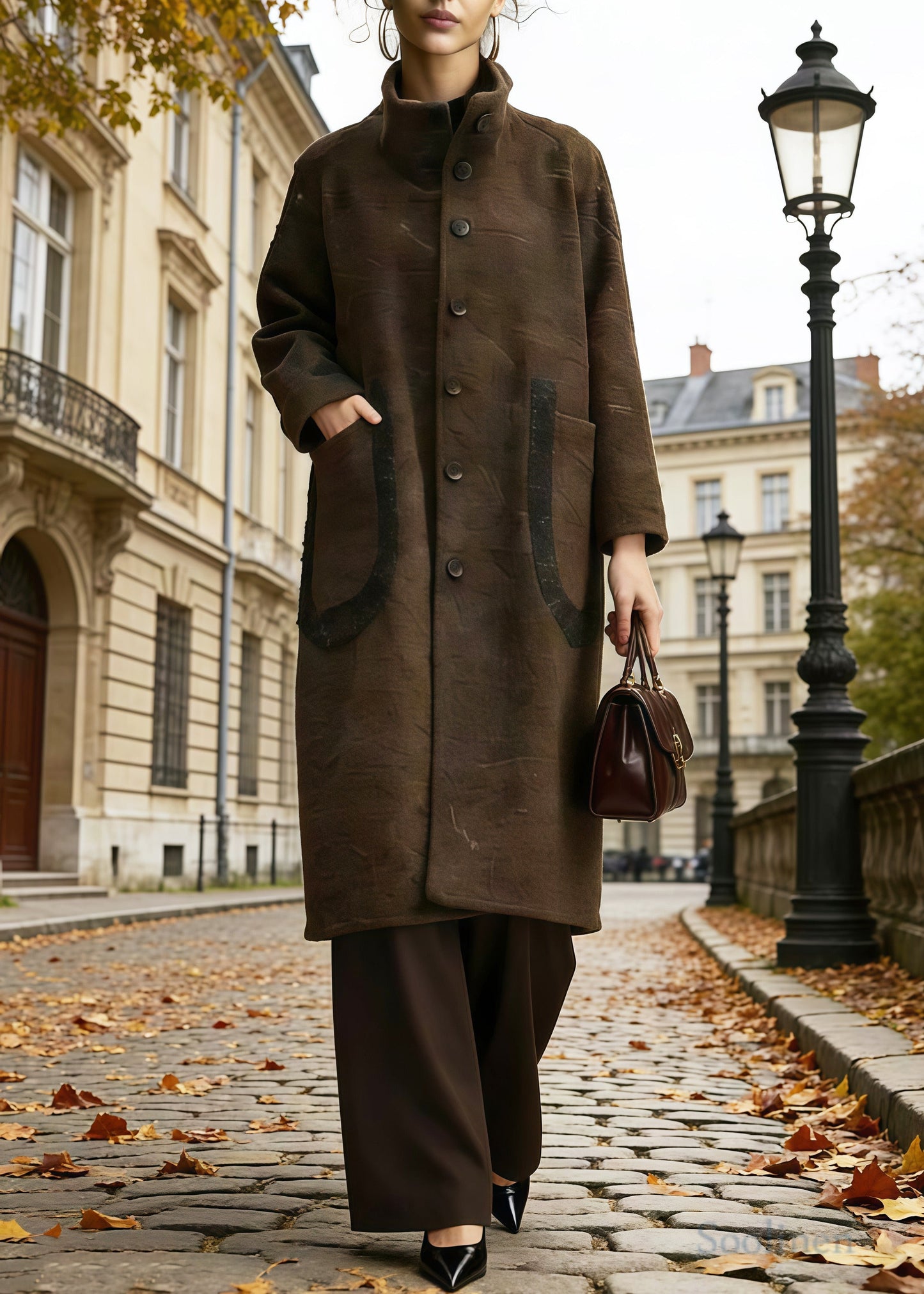 Brown Stand Collar Pockets Woolen Trench Winter
